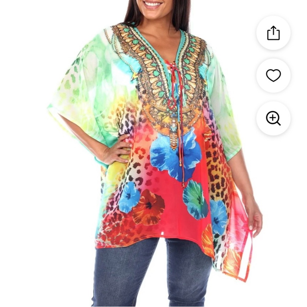 White Mark Leopard Animal Hibiscus Flower Print Caftan Top Womens Plus Size OS🐆🌺